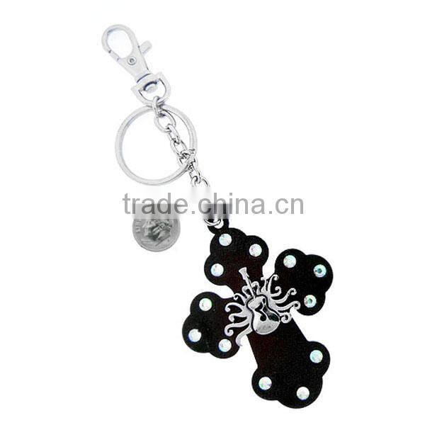 Cross pendant accented keyring faux leopard fur and clear crystals keychain