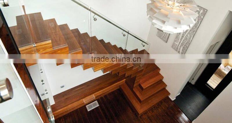 stainless steel wood tread straight stairs with glass handrail China supplier