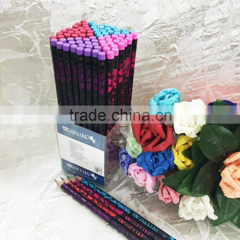 Standard size round shape soft wood 72pcs heat rolling laser HB pencil with eraser