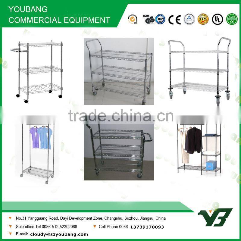 2015 hot sell NSF 150KGS 72x24 inch 5 layer chrome hospital heavy duty wire shelf with wheels (YB-WS019)