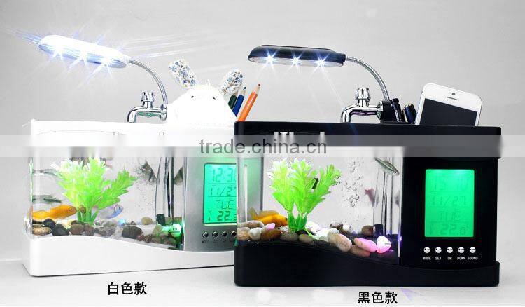 Mini fish tank USB aquarium with LED lamp clock business gift Pen Holder