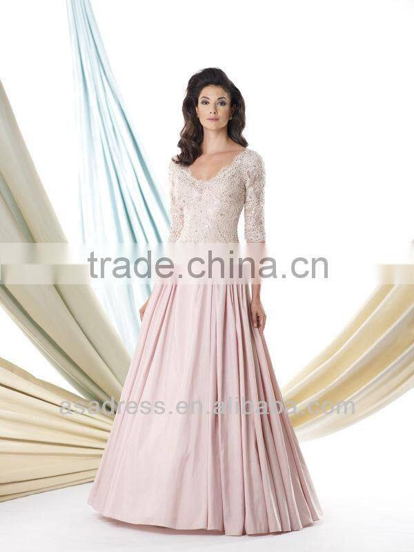 Taffeta Ball Gown with Hand-Beaded Lace Sleeves Scalloped Scoop Neckline Beaded Lace Mother of The Bride Dress(MOMO-3041)