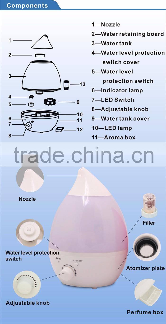 SUNCO hot sell drop shape humidifier home aroma diffuser with colorful LED light