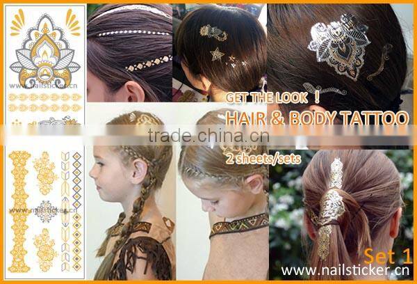 Wholesale gold silver color metallic tattoo temporary gold hair and body tattoo sticker factory