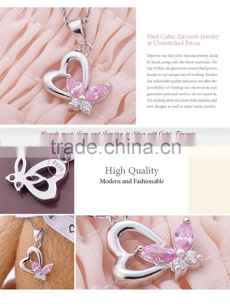 Sterling Silver Pink Stone Butterfly and Plain Heart Necklace