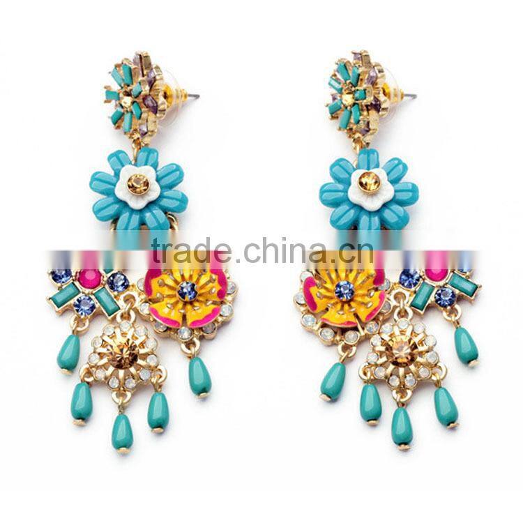 Fashion earring-- Blue colorful flower drop earring with crystal