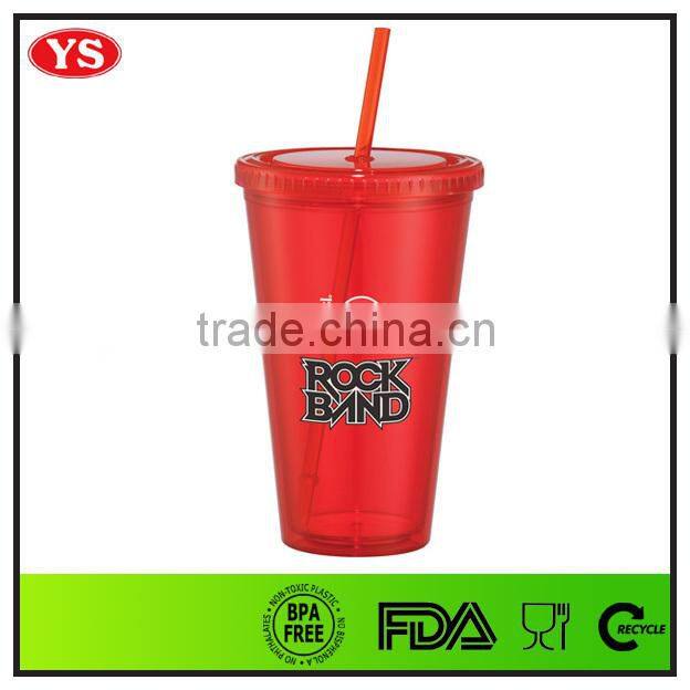 Customize 16 ounce plastic double-deck tumbler with straw