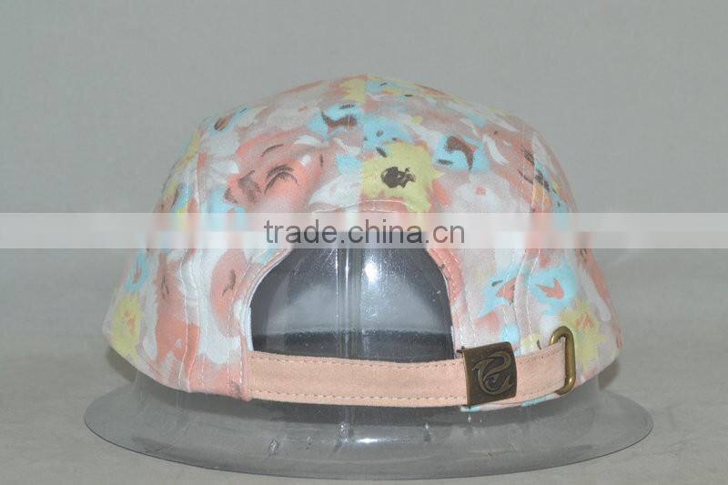 Guangzhou hat factory professional custom 100% polyester / 5 panel/pink camouflage with dark blue/woven label mark/flat brim hat