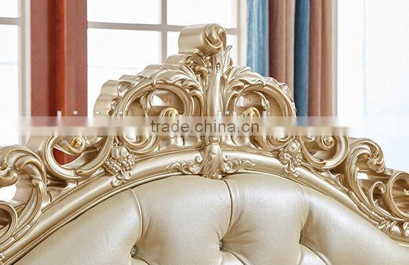 Neoclassic bedroom furniture solid wood gold painting genuine leather double bed