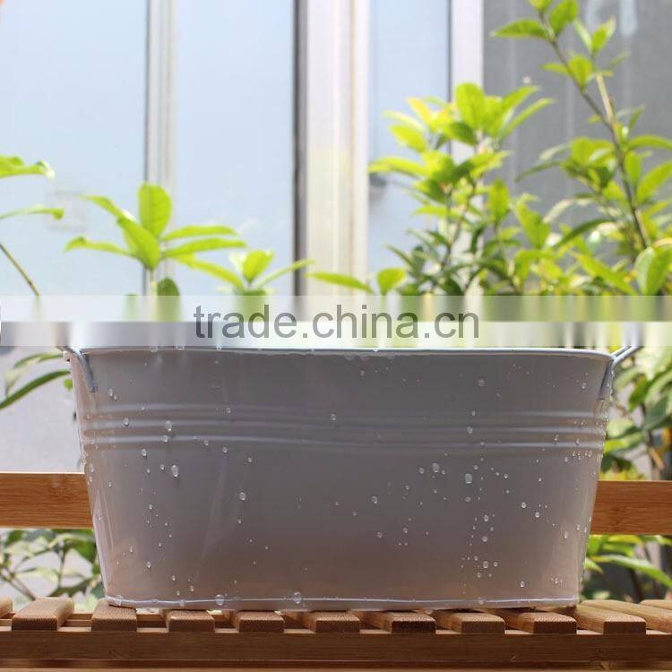 hottest item waterproof oval white green flower vintage galvanized metal planter with wood handles