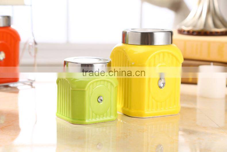 Kitchen ceramic canister set with stainless metal stand