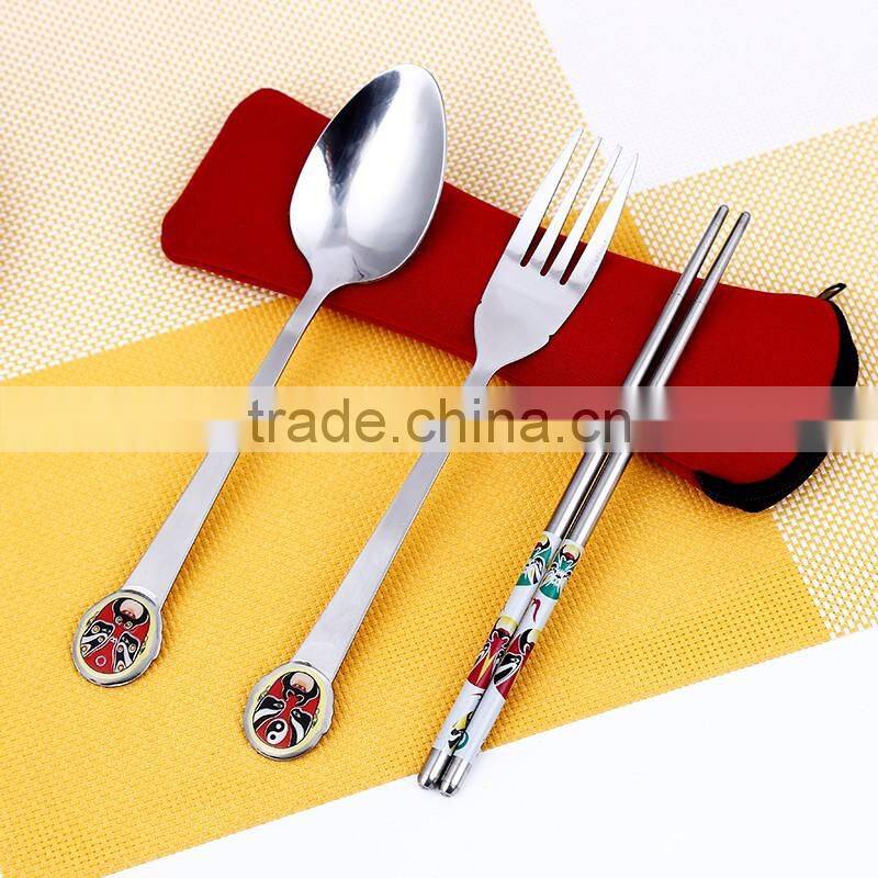 3 pcs tableware stainless steel dinnerware set of chopsticks, spoon and fork with the bag