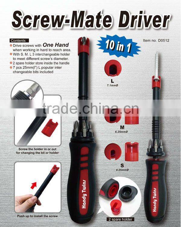 Screw holding screwdriver with 7 bits