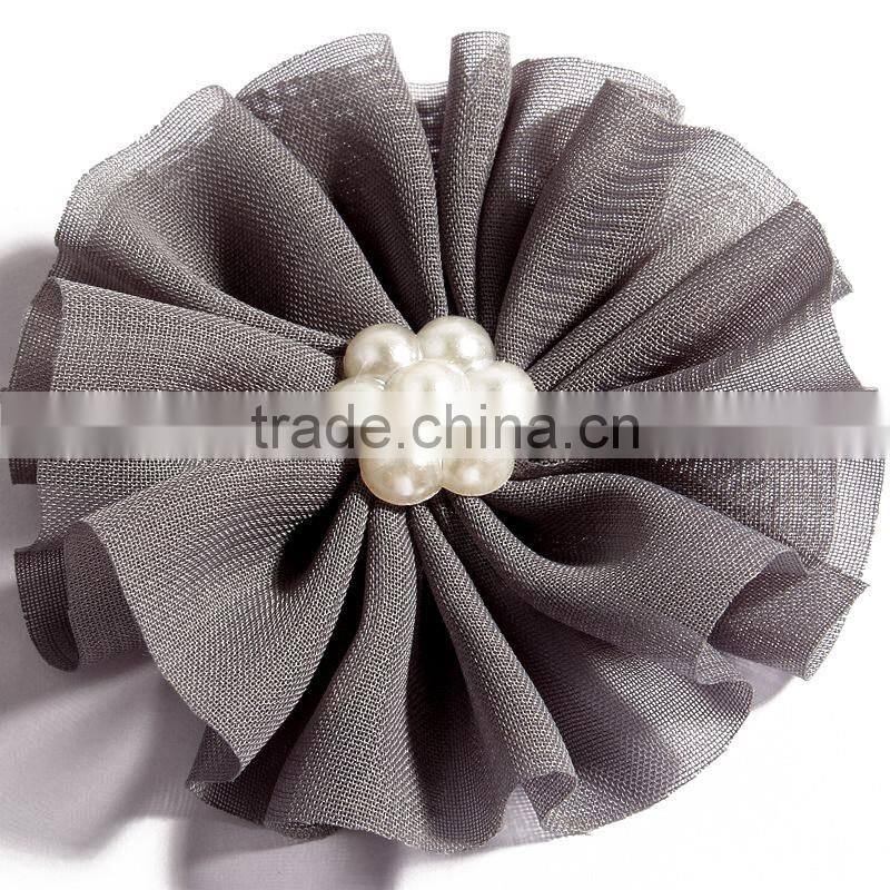 fabric chiffon flower with pearl beads center for kids hair accessories