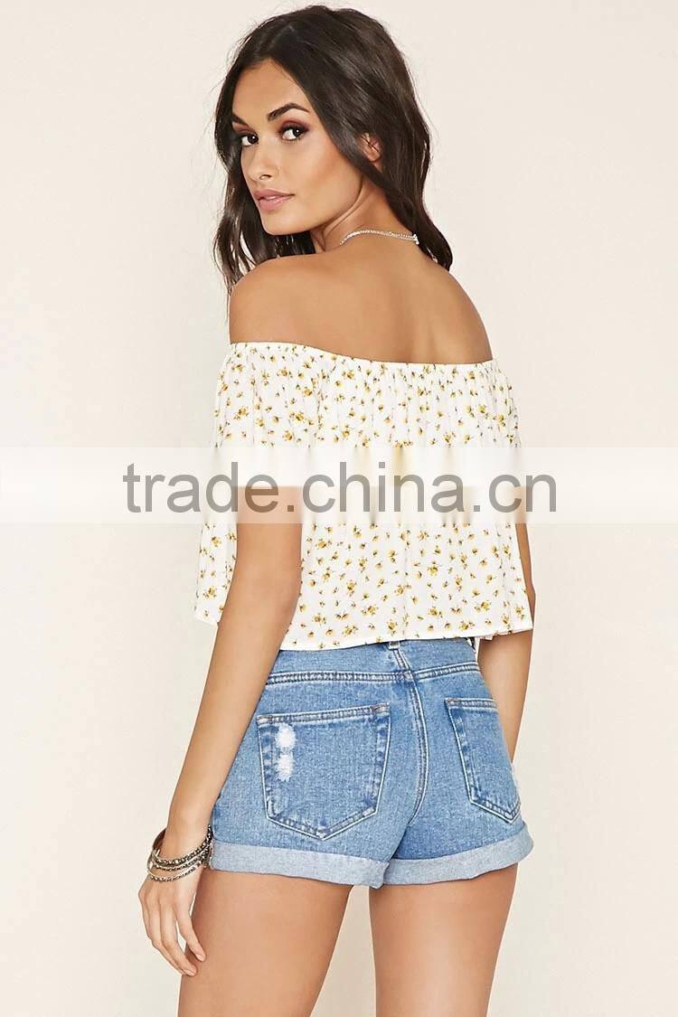 2016 Latest Off Shoulder Floral Print Cropped Top HST8015