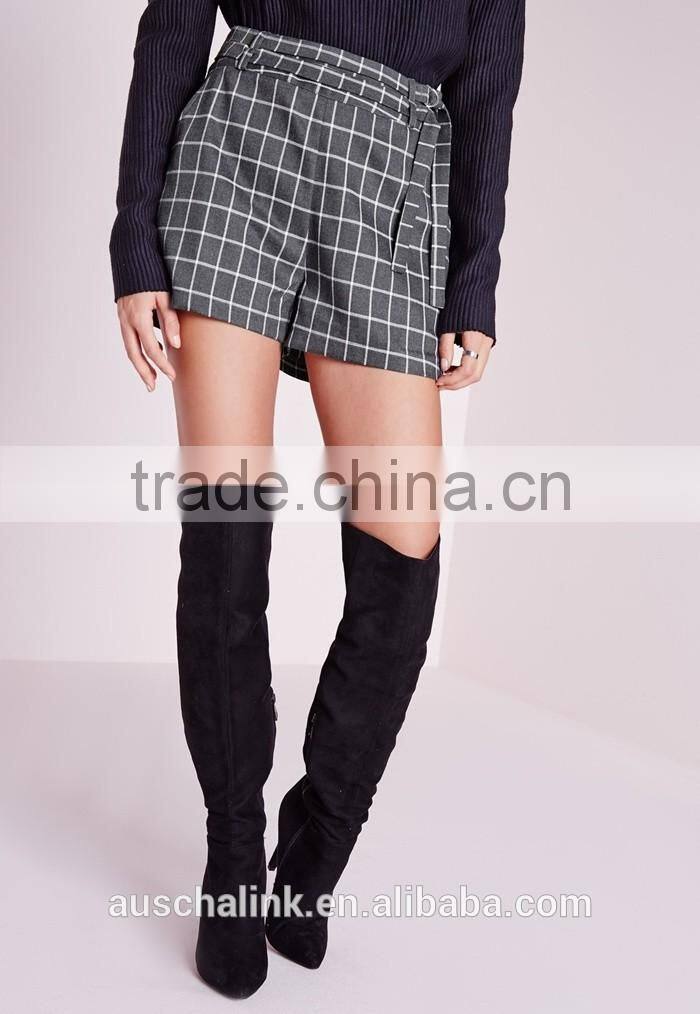 summer fashion grey double belted check cheap shorts OEM service