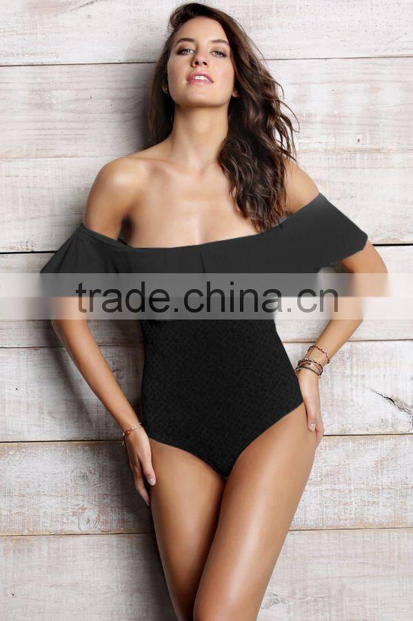 ladies fashion black with big ruffle one-piece swimwear
