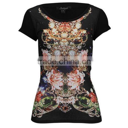Womens Black Scoop Neck T Shirt Fashion Design Ladies Sublimated T Shirt All over Sublimation Printed T-Shirt