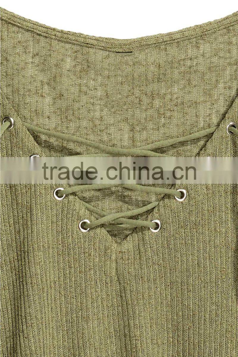 Ladies Wearing Hand Knitted Wool Sweaters with Lacing V-Neck Design