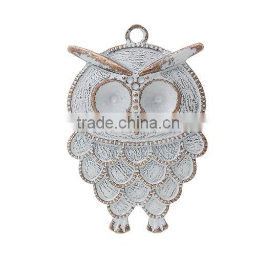 Charm Pendants Owl Halloween Ornaments Antique Copper White Spray Painted Cabochon Setting(Fits 8.5mm Dia) 5.1cmx3.4cm