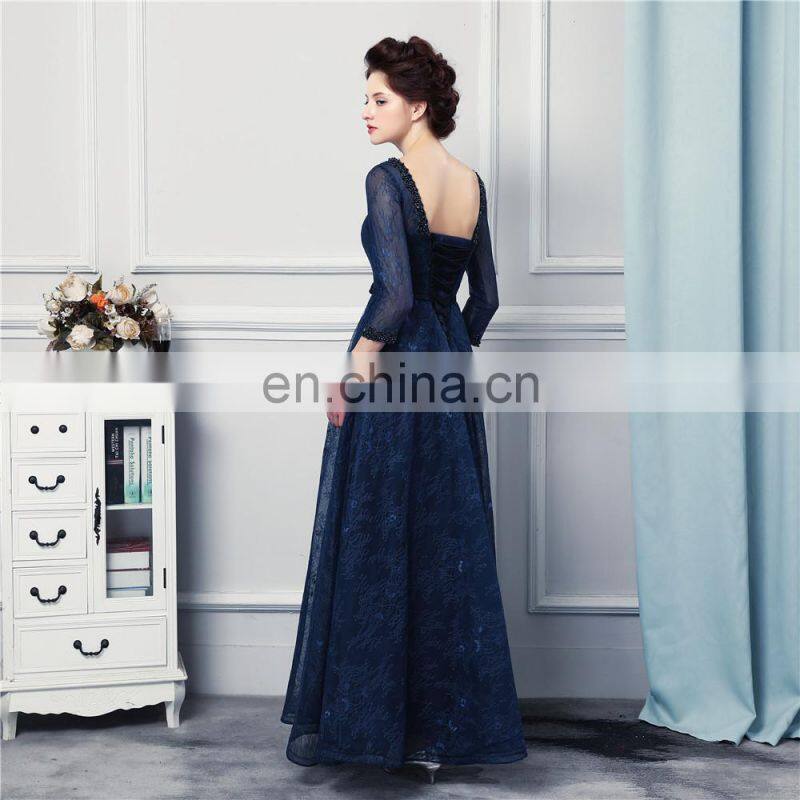 Navy Blue Long Bridesmaid Dresses High Quality Lace Floor Length 3/4 Long Sleeves Sheer Illussion Corset Brides Maid Vestidos De