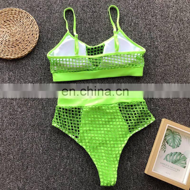Swimwear Women 2019 Mermaid Swimsuit Halter Push Up Summer Neon green Fishing Net Mesh Biquini Thong Bikini maillot de bain