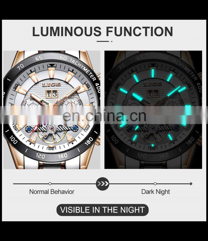 LIGE 10034 Mens Quartz watch Automatic Mechanical Wristwatches Stainless Steel Watch Mens