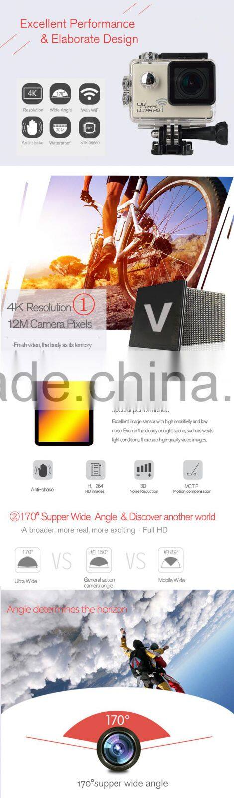 2015 New Arrival Top Quality Wifi Action Camera Full HD 1080p 60fps Waterproof Sports Camera