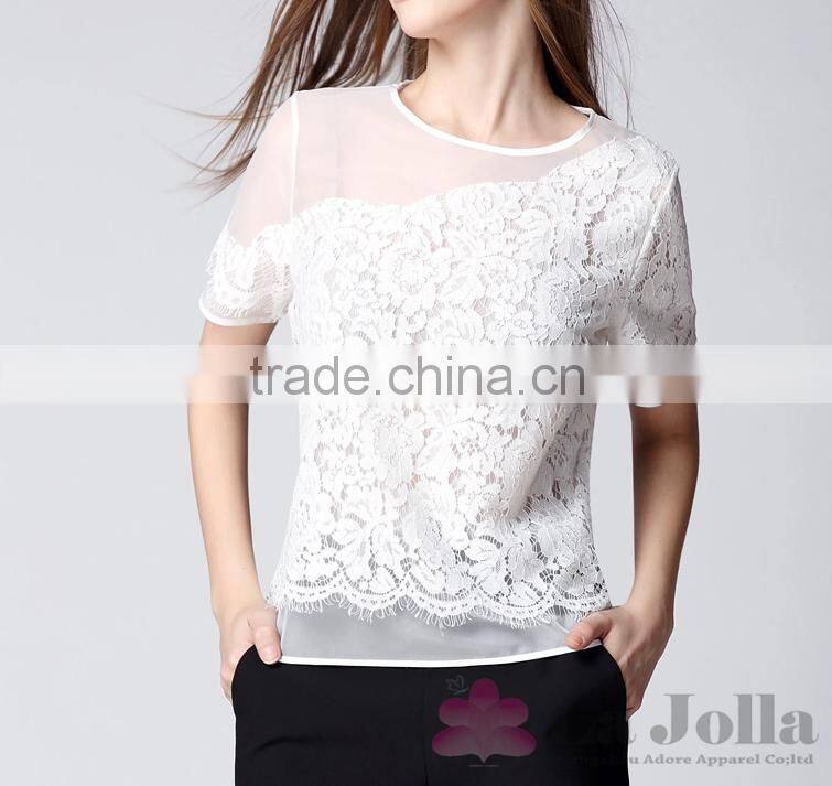 2016 Summer Fashion Lady False two-piece Lace macrame short sleeves T-shirt 149