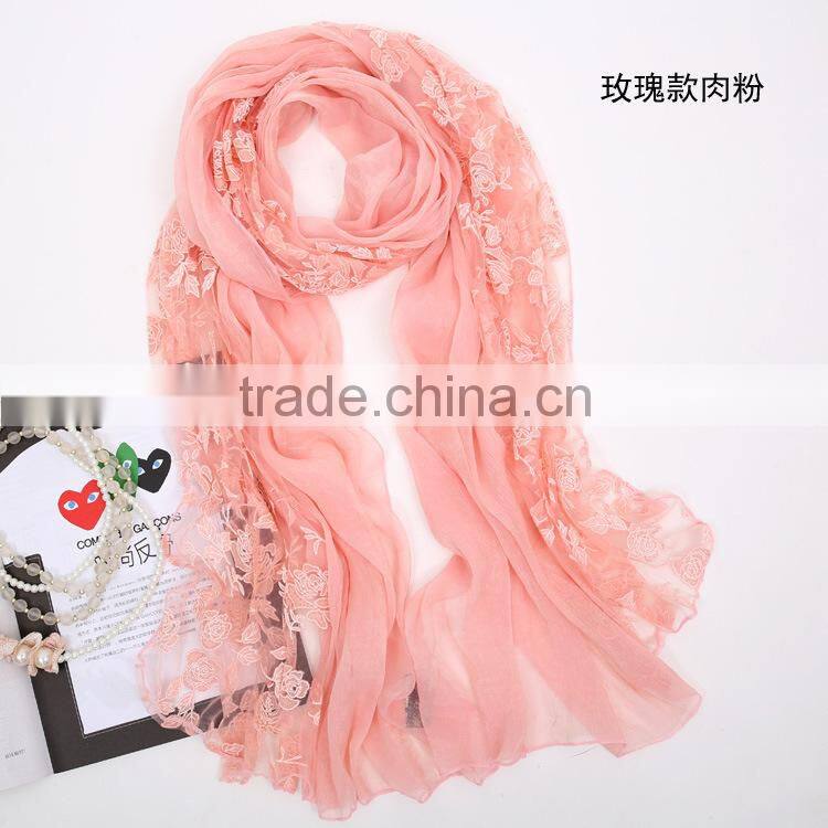 Korea Lady Fashion Flower Embroidery Double Layered Lace Chiffon Scarf