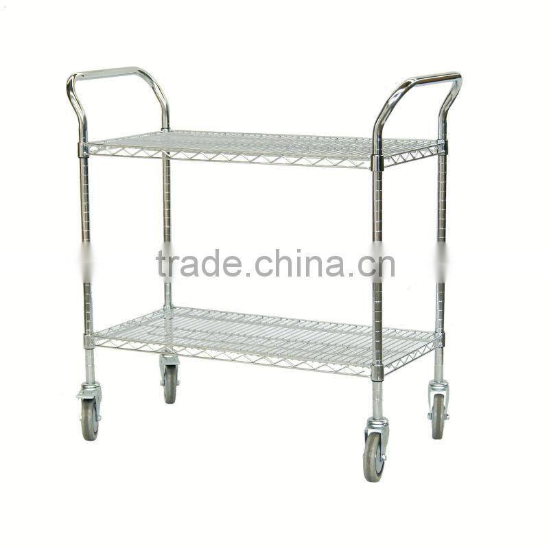Utility Cart 2-Shelf Wire Shelf w/Rubber Wheel Casters in Chrome