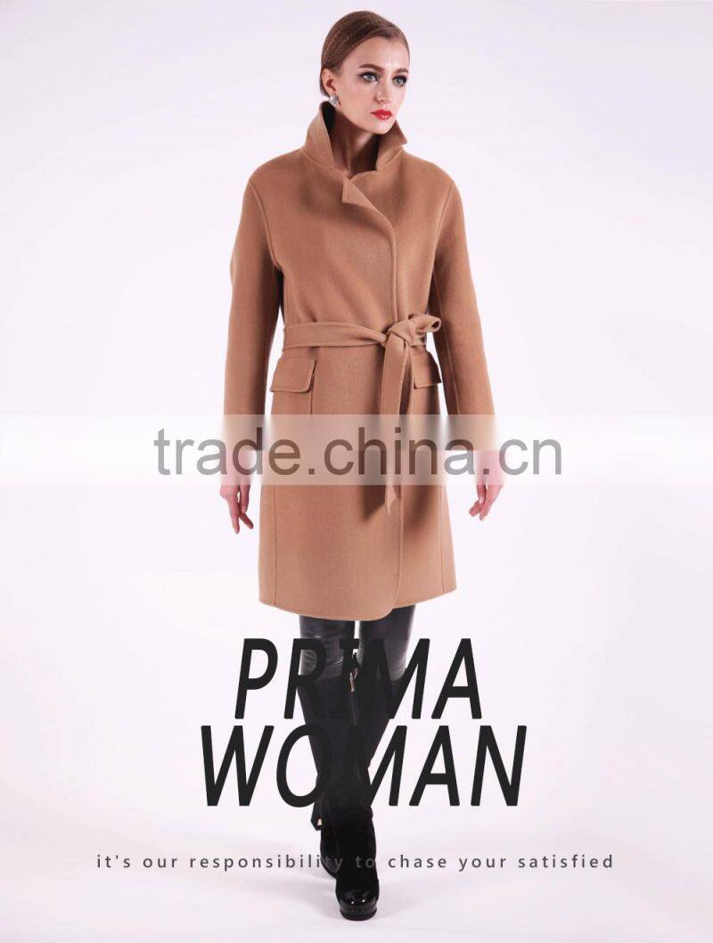 2016 New Design Fashion Women Length Slim Fit Wool Coat With Belt