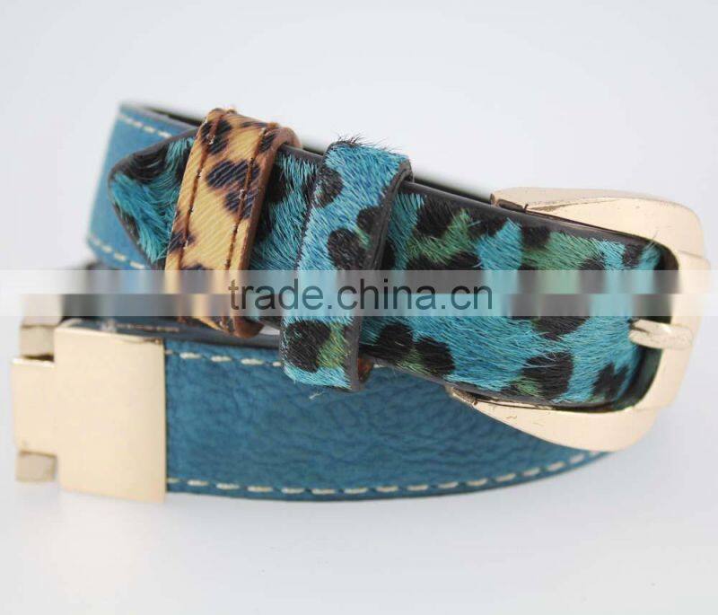 2015 Plain bule fashion pu women jeans belt with leopard point leather in YiWu