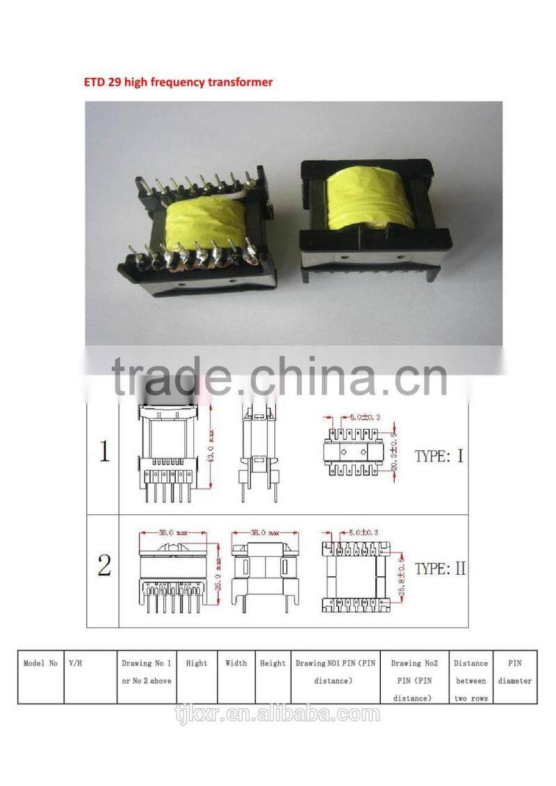 CE, ROHS approved, ETD29 high frequency transformer