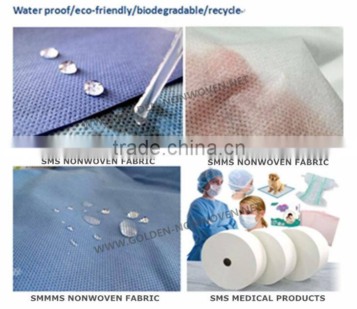 Eco and waterprood nonwoven fabric roll for hospital bed sheet, Light Blue color sms nonwoven fabric for medical use sms fabric