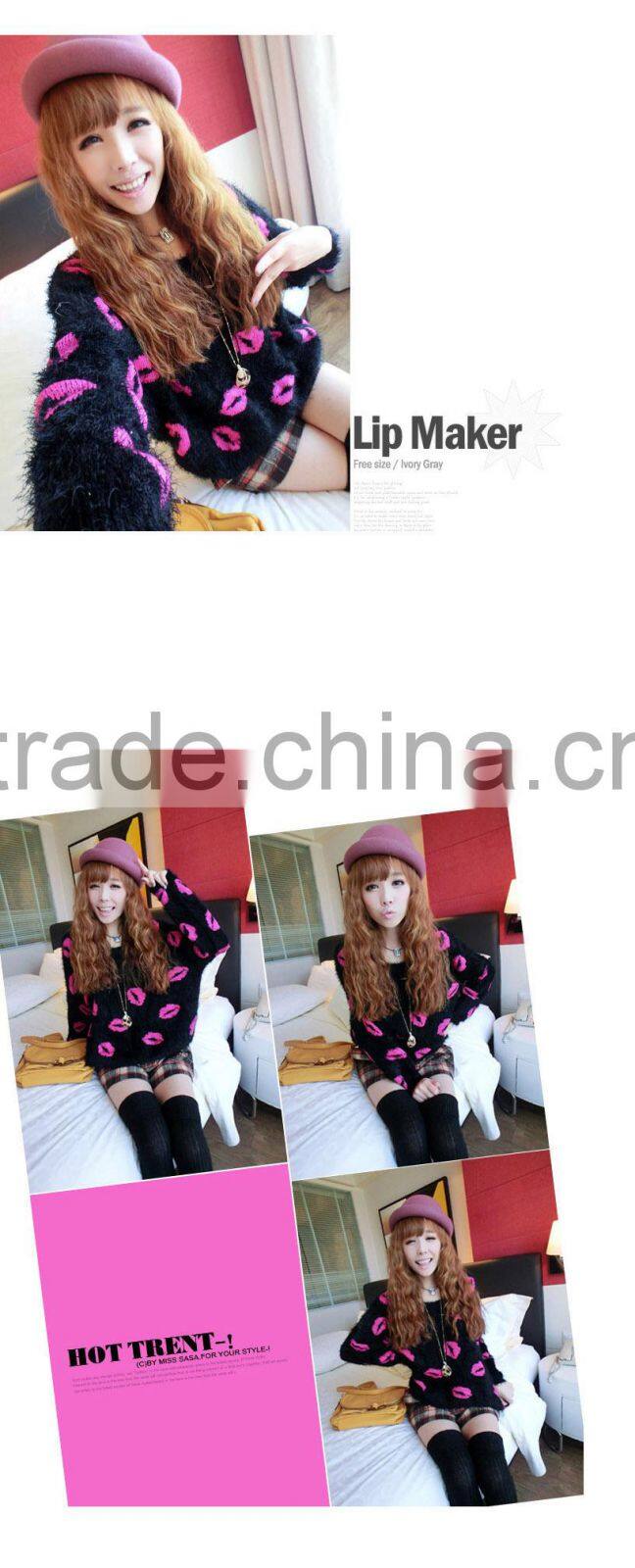 2015 new product lip shape pullover long knitting sweater for lady