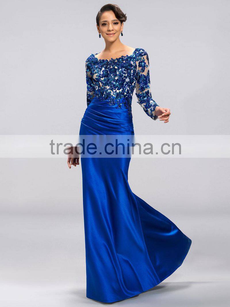 2015 Fashion Scoop Neck Sequin Appliques Long Sleeve Backless Satin Floor Length Mother of the Bride Dress (DVMD-2992)