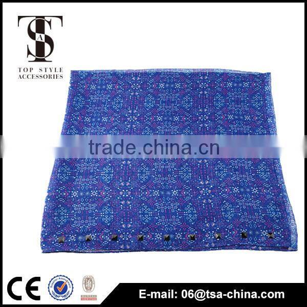 high quality printed women neck scarf blue color voile polyester scarve