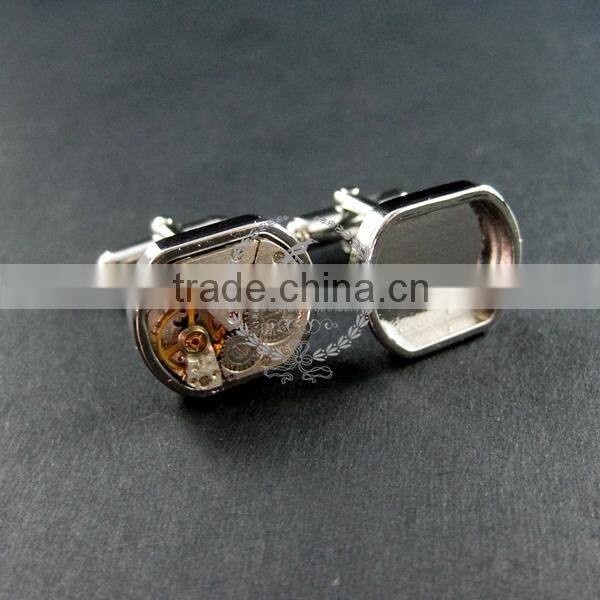 13.5x16.5mm setting size steam punk watch movement silver DIY base tray French cufflink supplies cuff link findings 1500024
