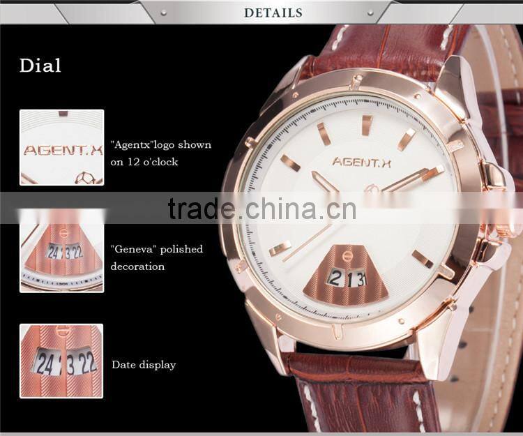 Date Rose Gold Case Analog Leather Strap Male Quartz Clock Men Business Watch