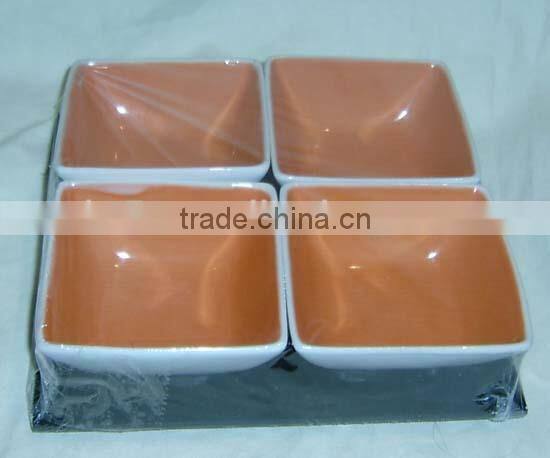 Set of 4 mini square stoneware snack plate with wooden tray