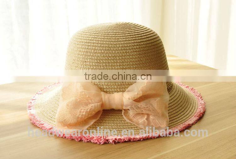 Summer Fashion Lace Bowknot Sun Protection Straw Hats China Factory
