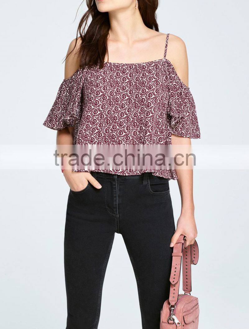 2017 Tunic tops cold shoulder rayon printing short sleeve women's summer tops