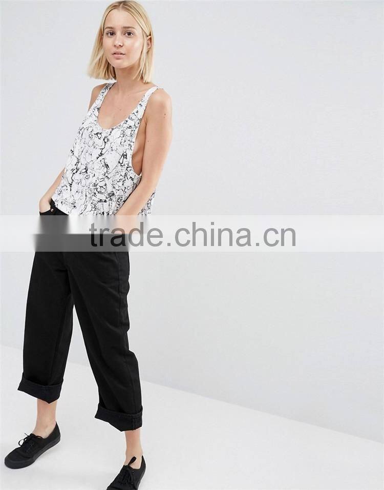 Oil Print Scoop Back Drop Womens Blank Dropped Armhole Tanks