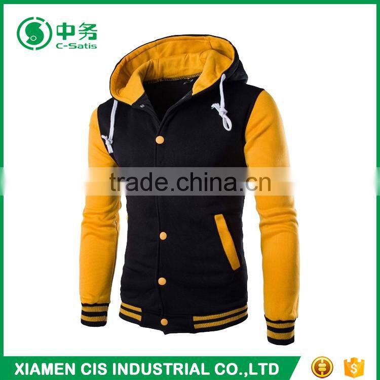 New Fashion American Yellow Sleeves Mens Blank Baseball Varsity Jacket with Hoodie
