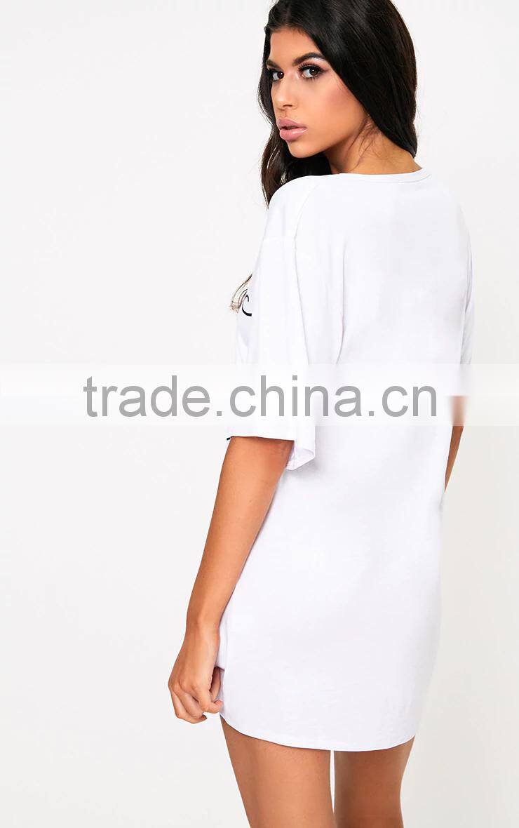 Custom Logo Design Women Nightie V Neck Rayon&Spandex Nightgown With Drop Sleeve Front Print T-Shirt Dress