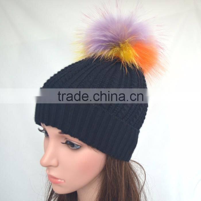 Myfur Wholesale Customized Woolen Yarn Knitted Beanies with Real Fur Bobble Top