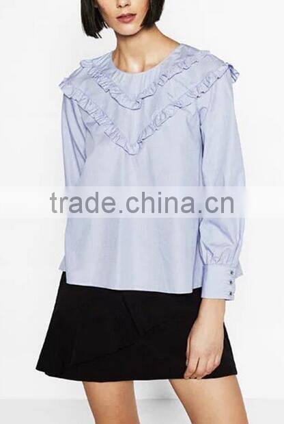Runwaylover EY2385B Women Long Sleeve Fashion Falbala Pure Color Blouse