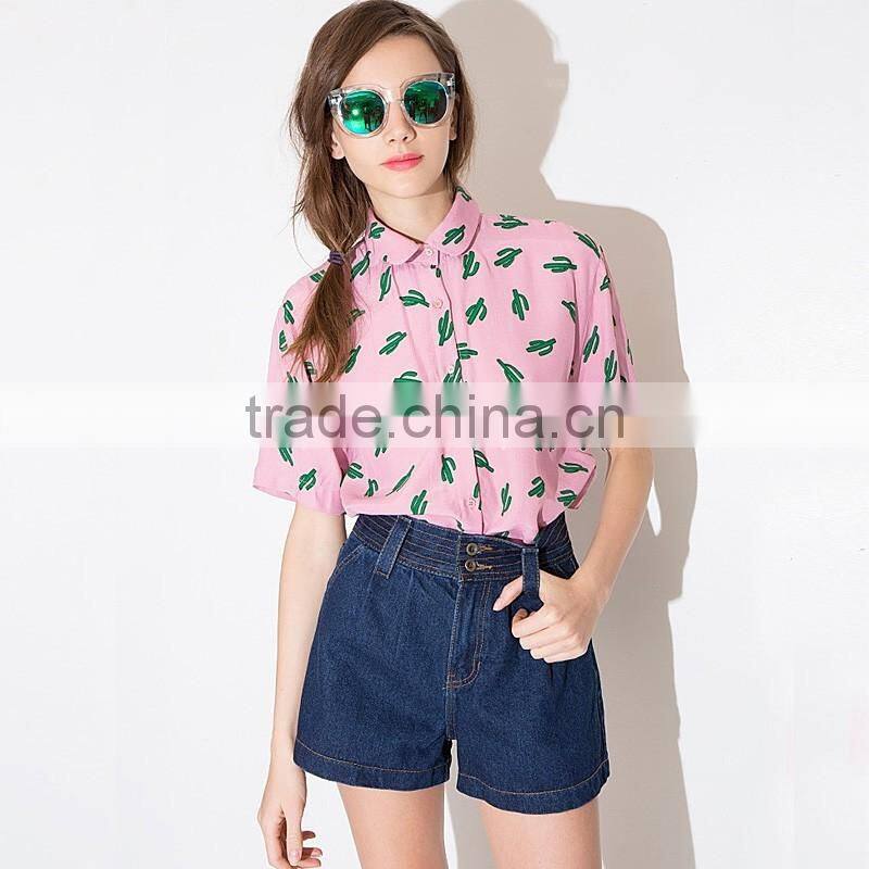 Women's sweet cactus print single-breasted 100% cotton casual short sleeve pink shirt