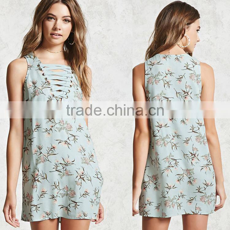 OEM Wholesaler Womens Latest Design summer sleeveless deep-V hollow printed lady dress